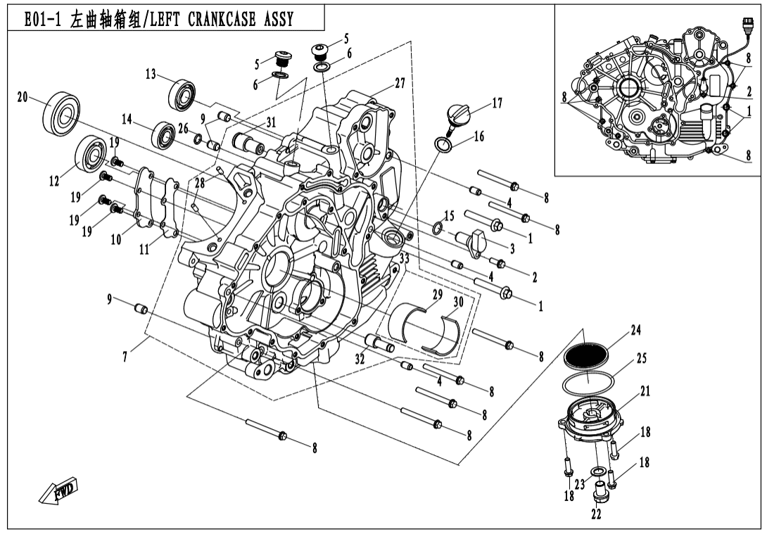 E01-1 LEFT CRANKCASE ASSY.