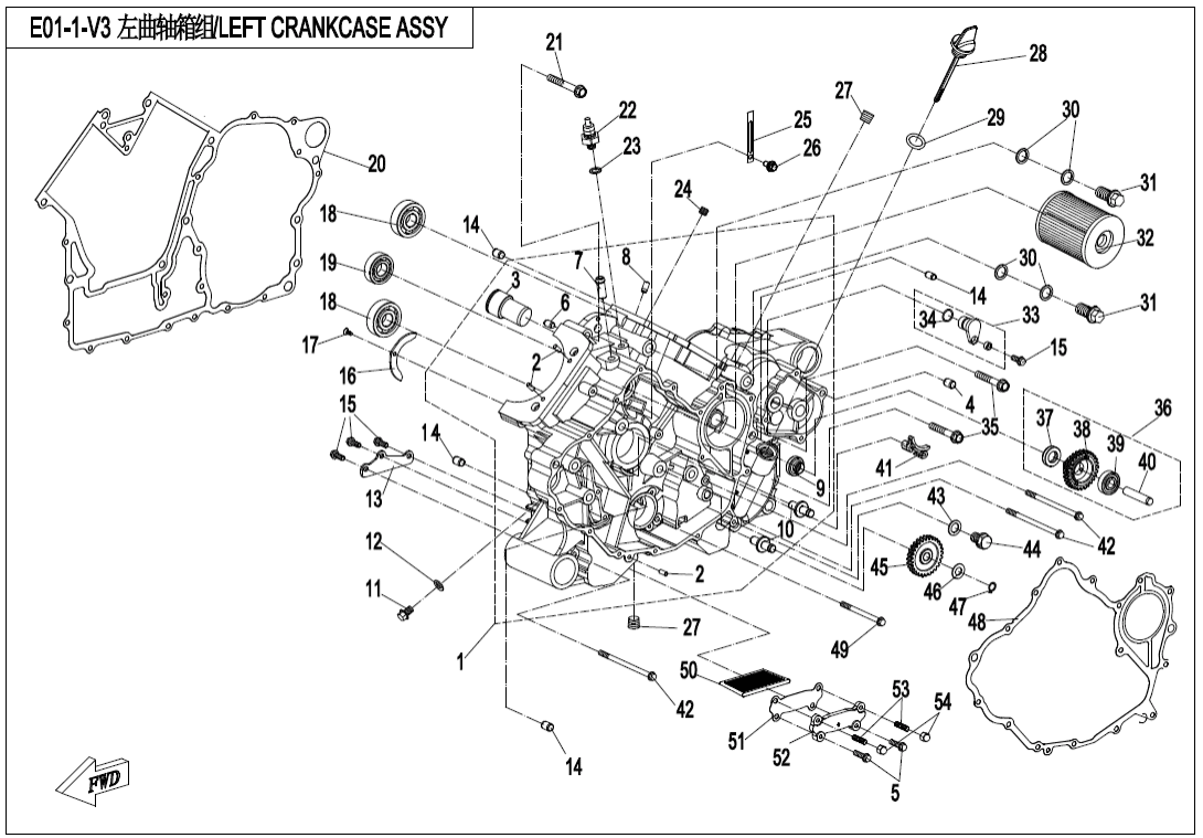 E01-1-V3 LEFT CRANKCASE ASSY