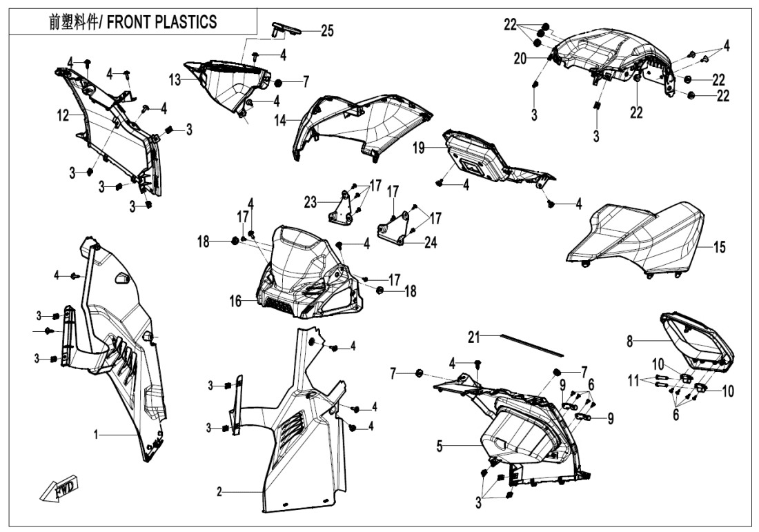 F04-2-C-V2 FRONT PLASTICS(7\'\' DASHBOARD,WITH GEARSHIFT LOCK)